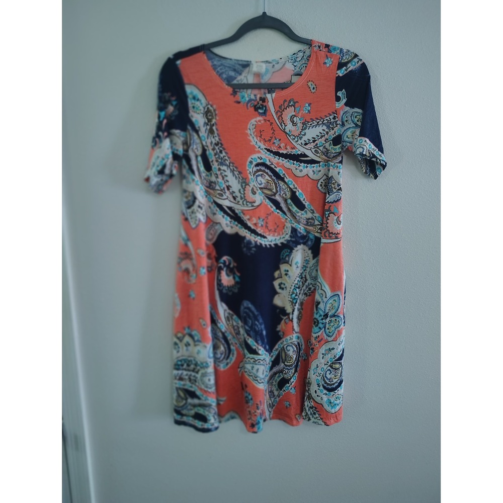 Coral‎ Navy Paisley Short Sleeve Shift Mini Dress VC3560 Womens Small